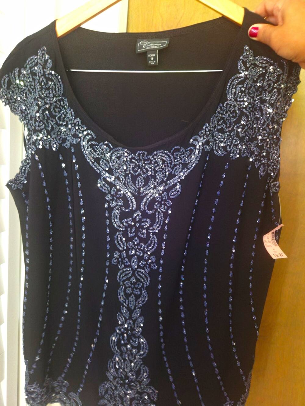 Dressbarn Women's Plus 16W Black Floral Sequin Cap Sleeve Scoop Neck Top